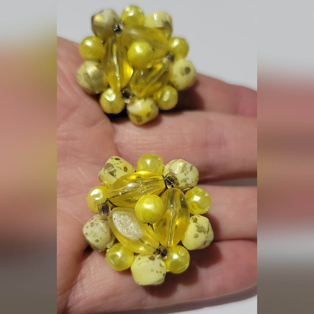 Yellow Beaded Cluster Clup On Earrings
